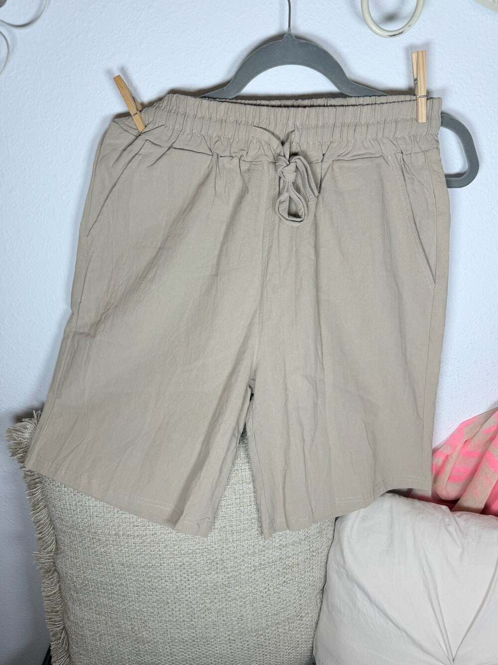 Women Linen Blend Drawstring Casual Shorts Size S Beige Pockets